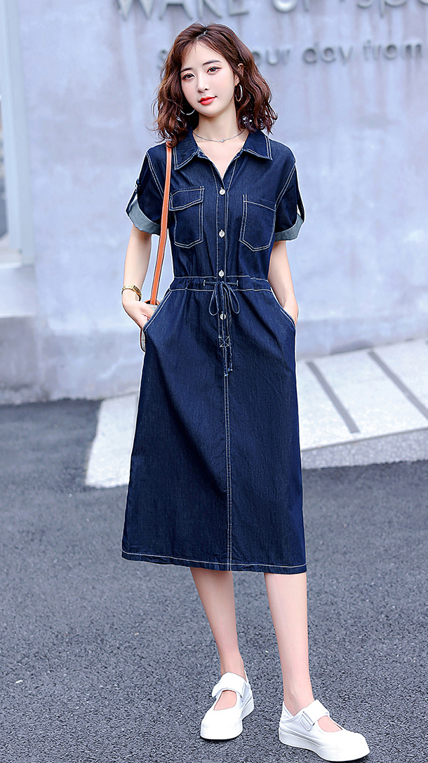 ĐẦM JEAN XÒE CỔ SƠ MI EO RÚT - NJ220